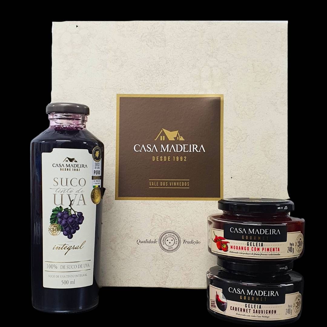 Kit Casa Madeira Petit ( Suco 500 ml / Gel. Cab. Sauv. / Morango c/ Pimenta)
