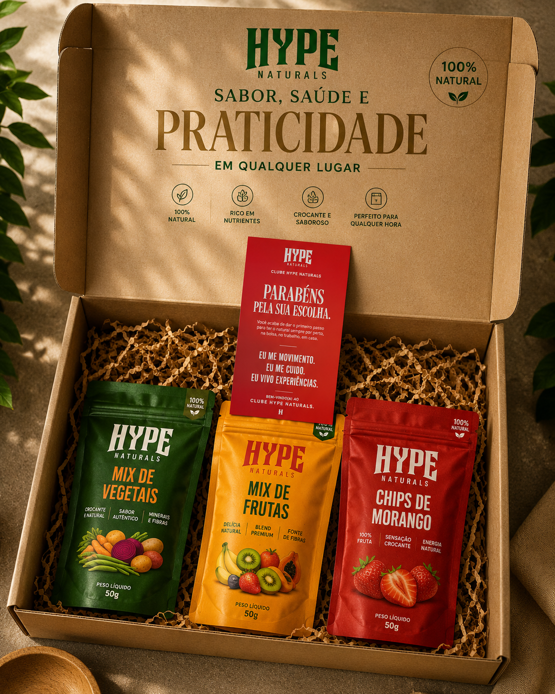 Caixa Hype Naturals com seleção de snacks