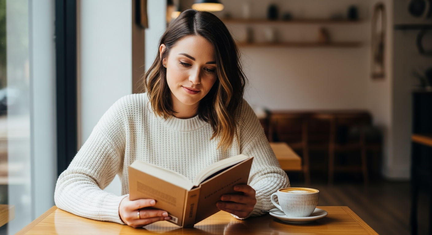 Jovem lendo em café