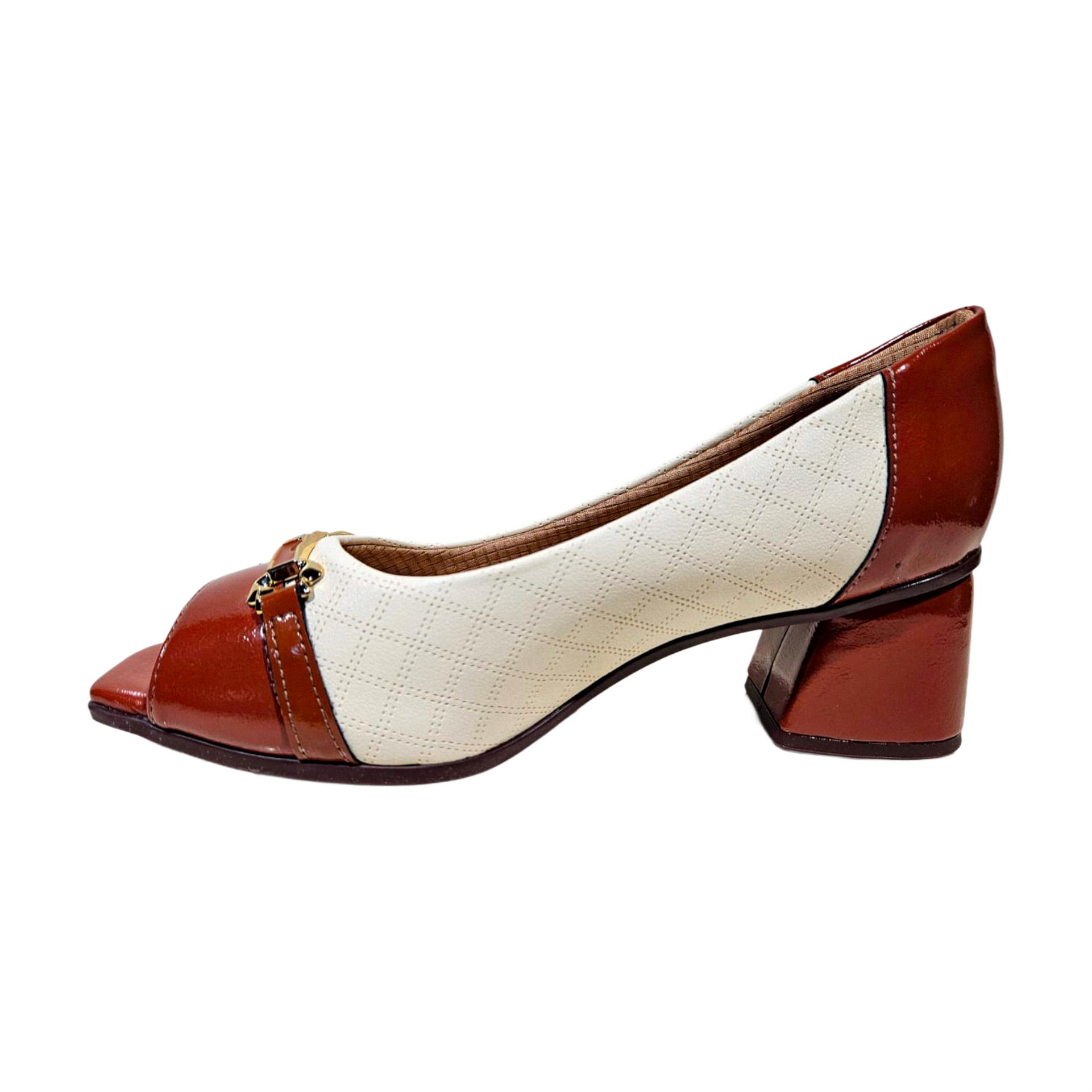 Sapato Piccadilly Peep Toe Off White e Conhaque - 715029-2