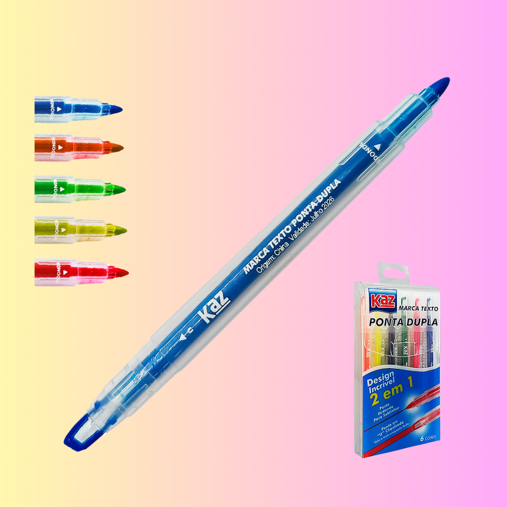 Pincel marca texto 6 cores ponta dupla