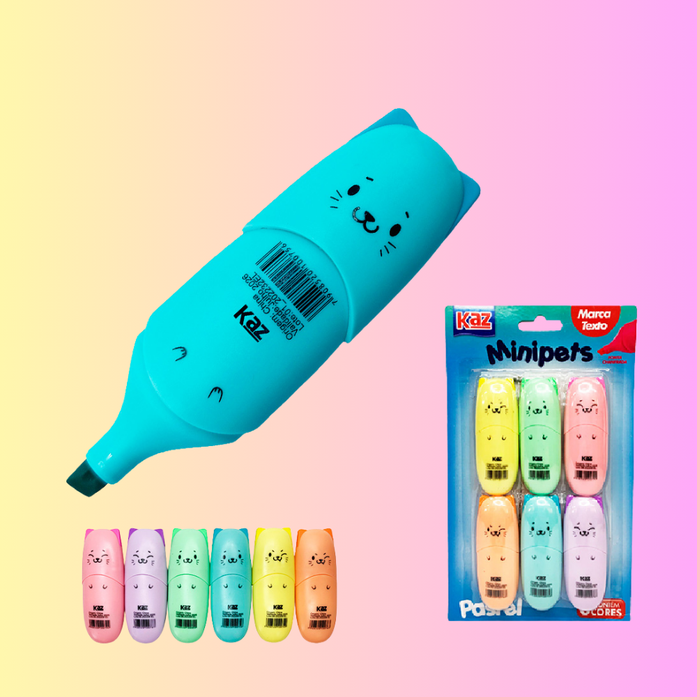 Pincel marca texto 6 cores pastel mini pets