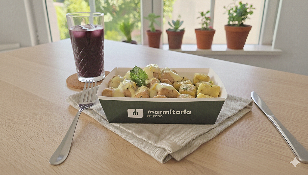 Frango em Cubos ao Limone com Nhoque de Banana da Terra