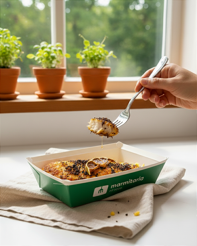 Tilápia com Crosta de Amêndoa e Purê de Banana da Terra