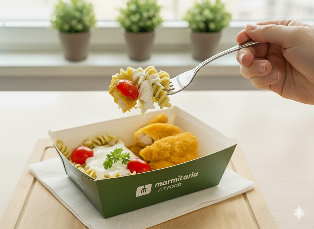 Frango Empanado com Macarrão ao Pesto com Sour Cream e Tomate Cereja