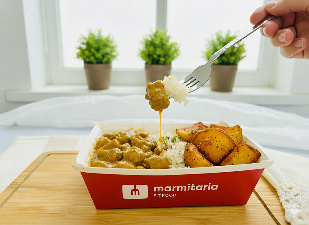 Strogonoff de Patinho, Arroz Branco e Batata Sauté