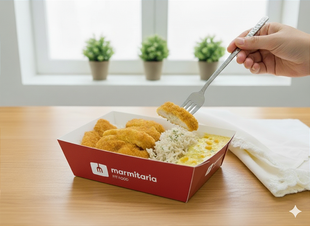 Frango Empanado, Arroz Branco e Creme de Milho