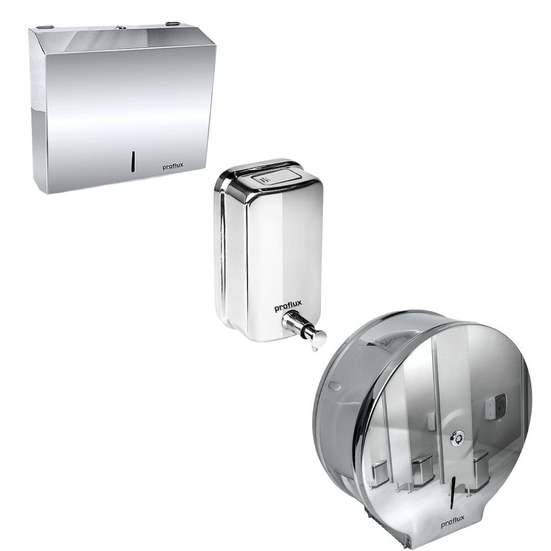 Kit Dispenser Papel Toalha Interfolha + Saboneteira + Porta Rolão Inox 304 Proflux 51.550