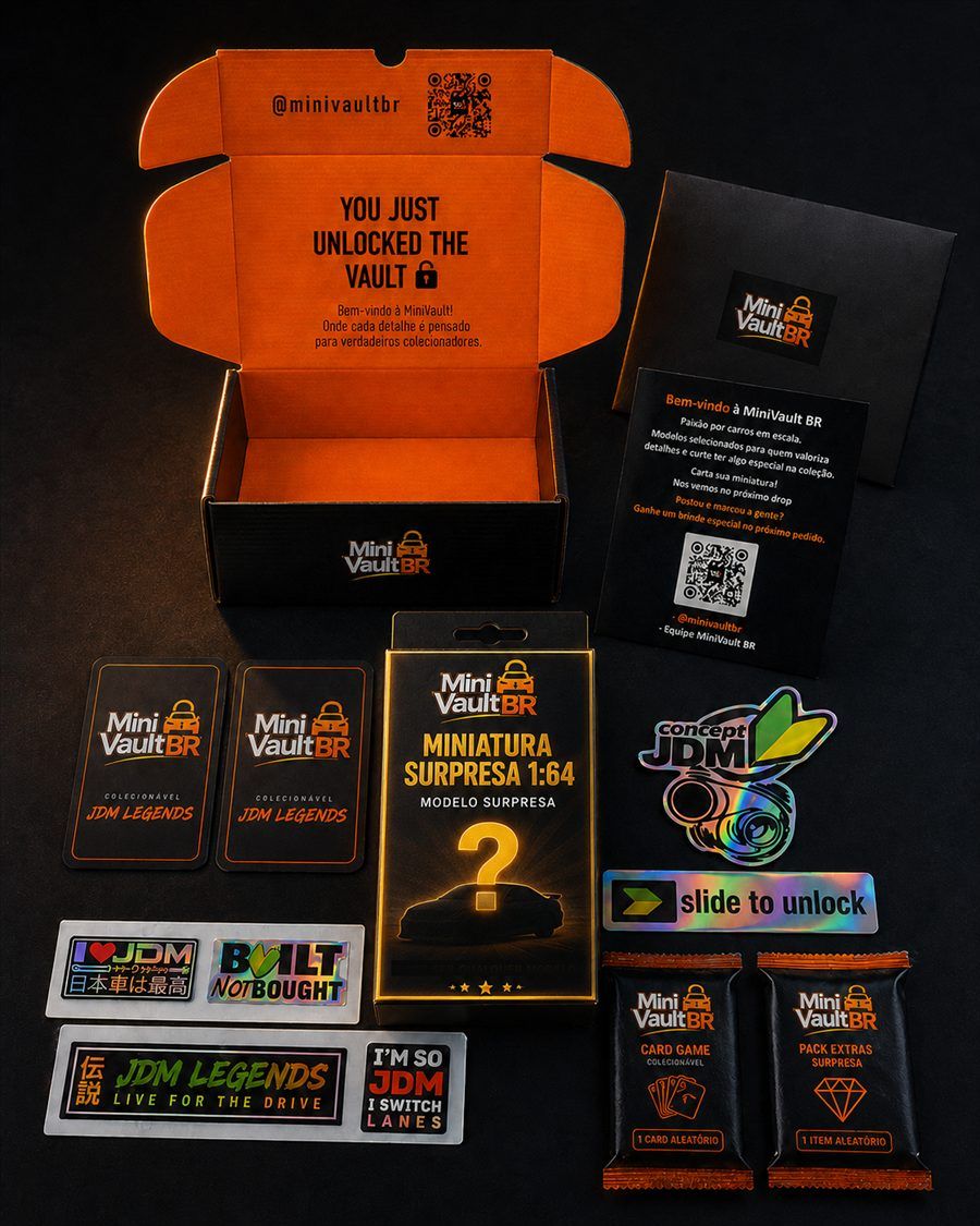 Box Mini Vault aberta com a mensagem You Just Unlocked The Vault, caixa de miniatura surpresa, cards colecionáveis, stickers holográficos e packs