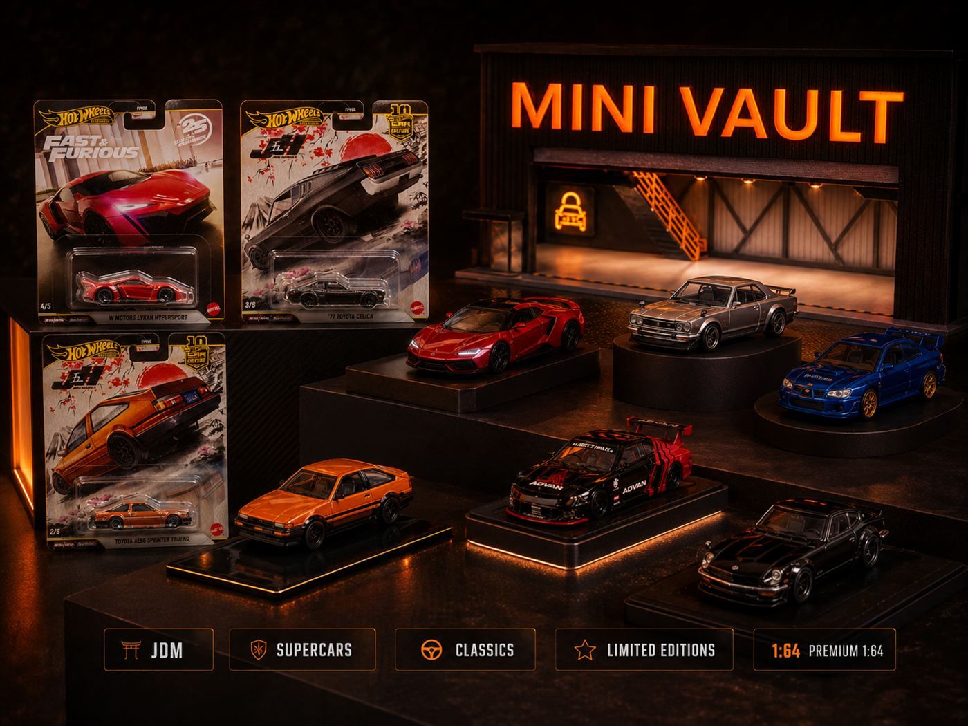 Vitrine da loja Mini Vault com miniaturas 1:64 avulsas em exposição: Hot Wheels Fast & Furious, JDM, supercars e clássicos