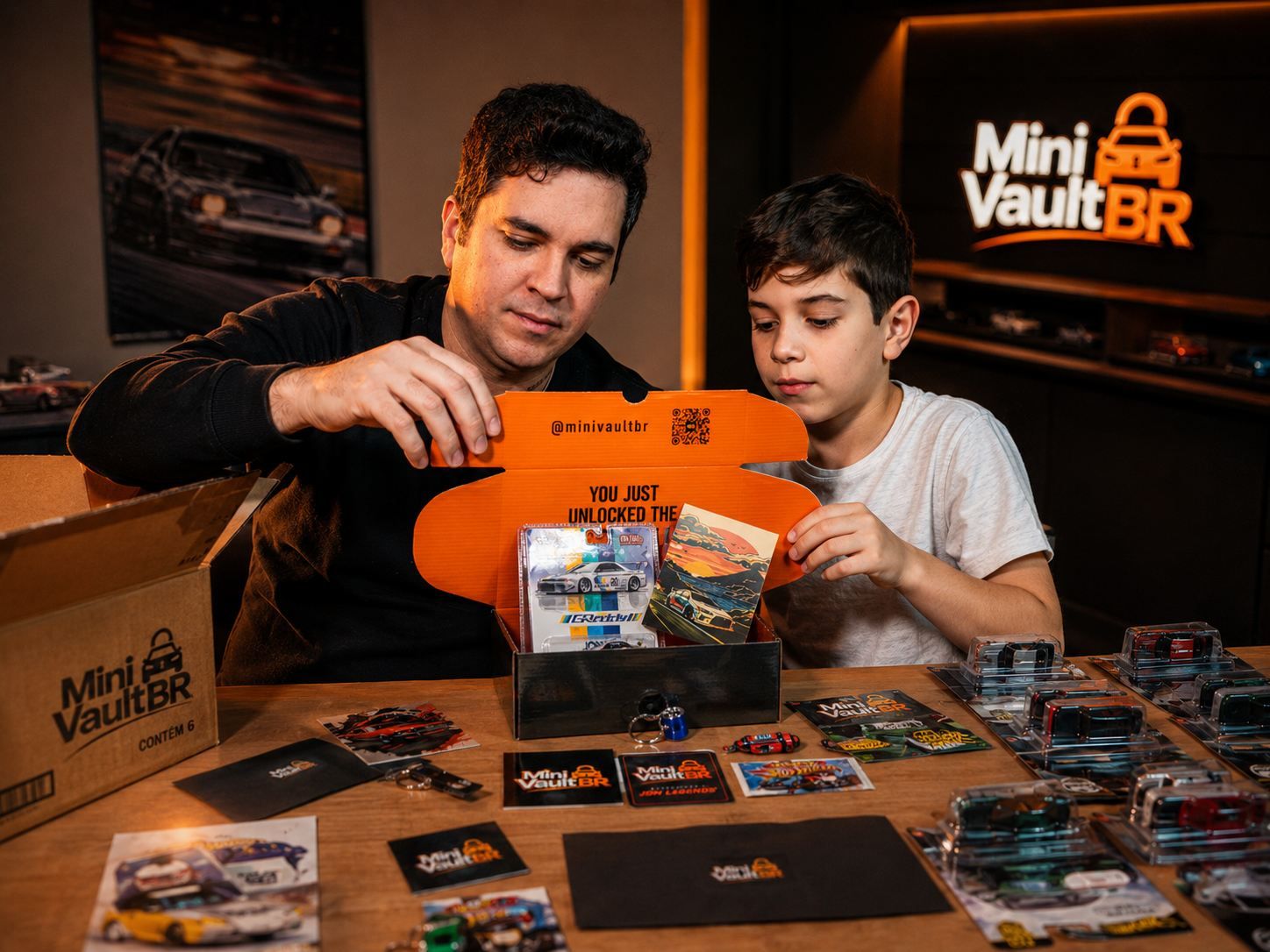 Daniel e o filho Leonardo abrindo uma box Mini Vault juntos no estúdio da marca, com o logo Mini Vault BR ao fundo