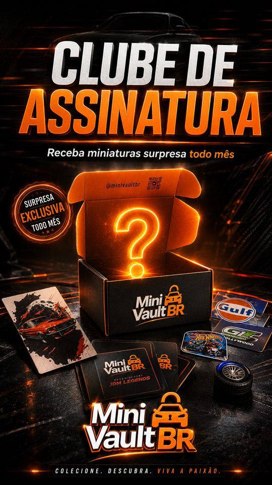 Capa do vídeo do clube de assinatura Mini Vault: box aberta com interrogação em neon laranja e itens colecionáveis