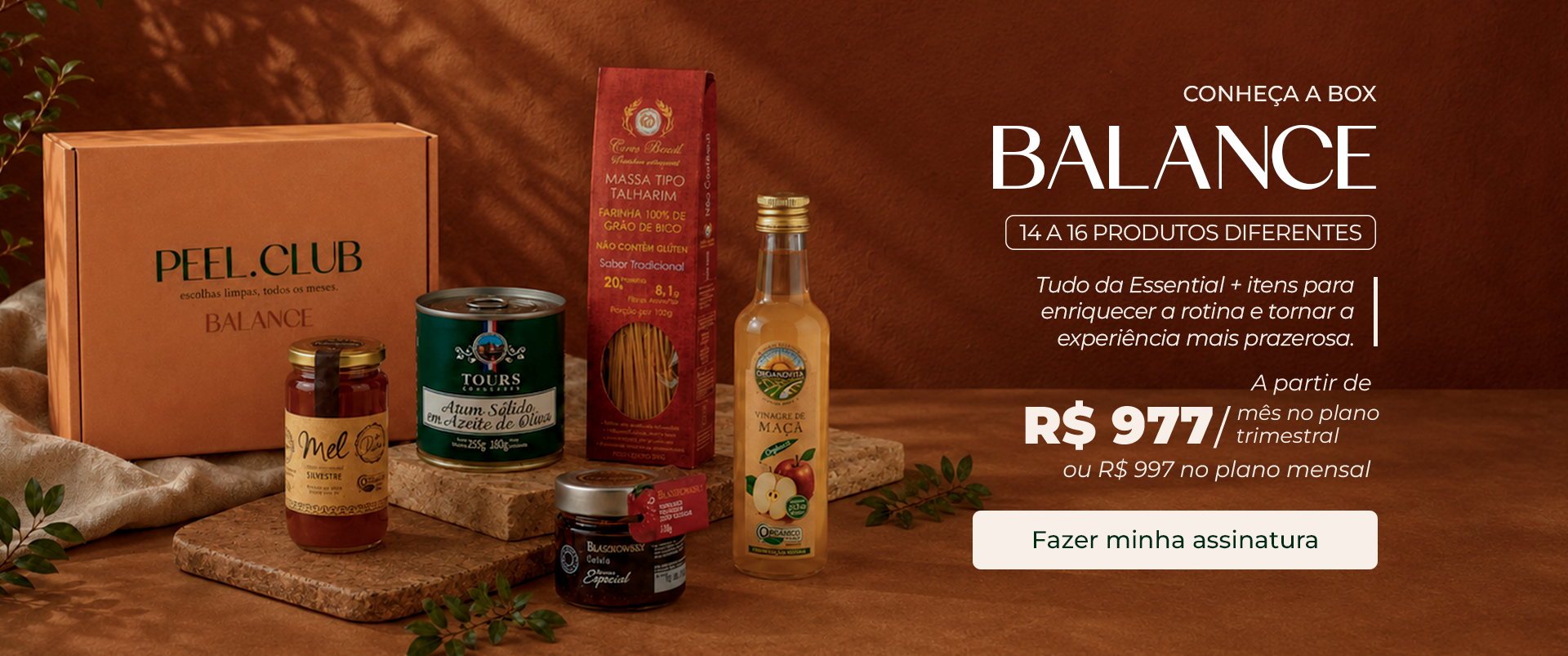 Box Balance PEEL Club com produtos selecionados e informações de assinatura