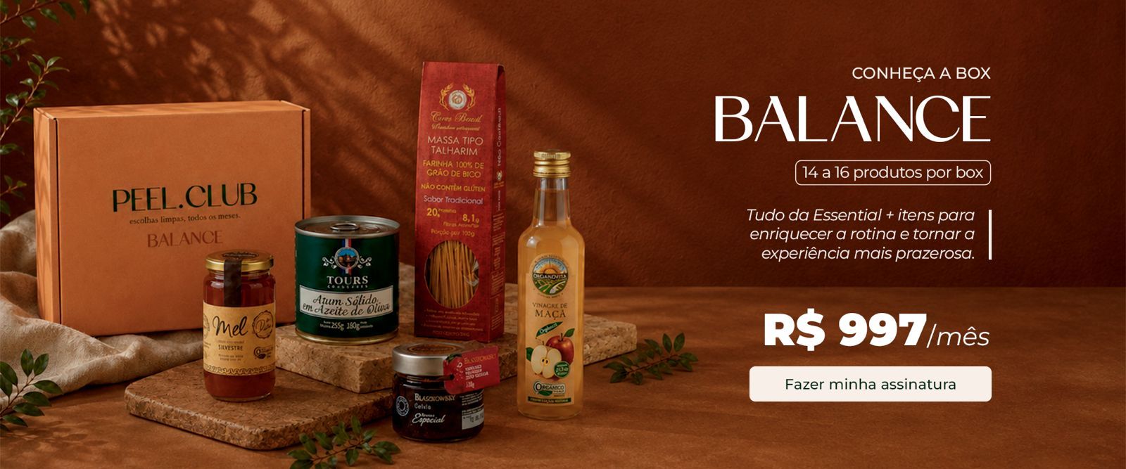 Box Balance PEEL Club com produtos selecionados e informações de assinatura