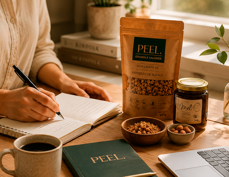 Pessoa trabalhando ao lado de produtos Peel