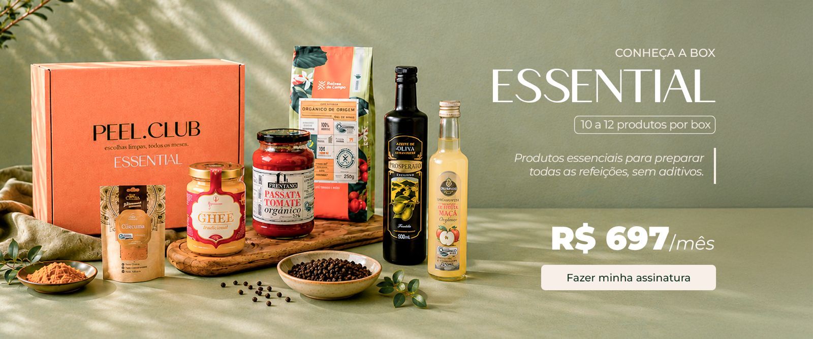 Box Essential PEEL Club com produtos selecionados e informações de assinatura
