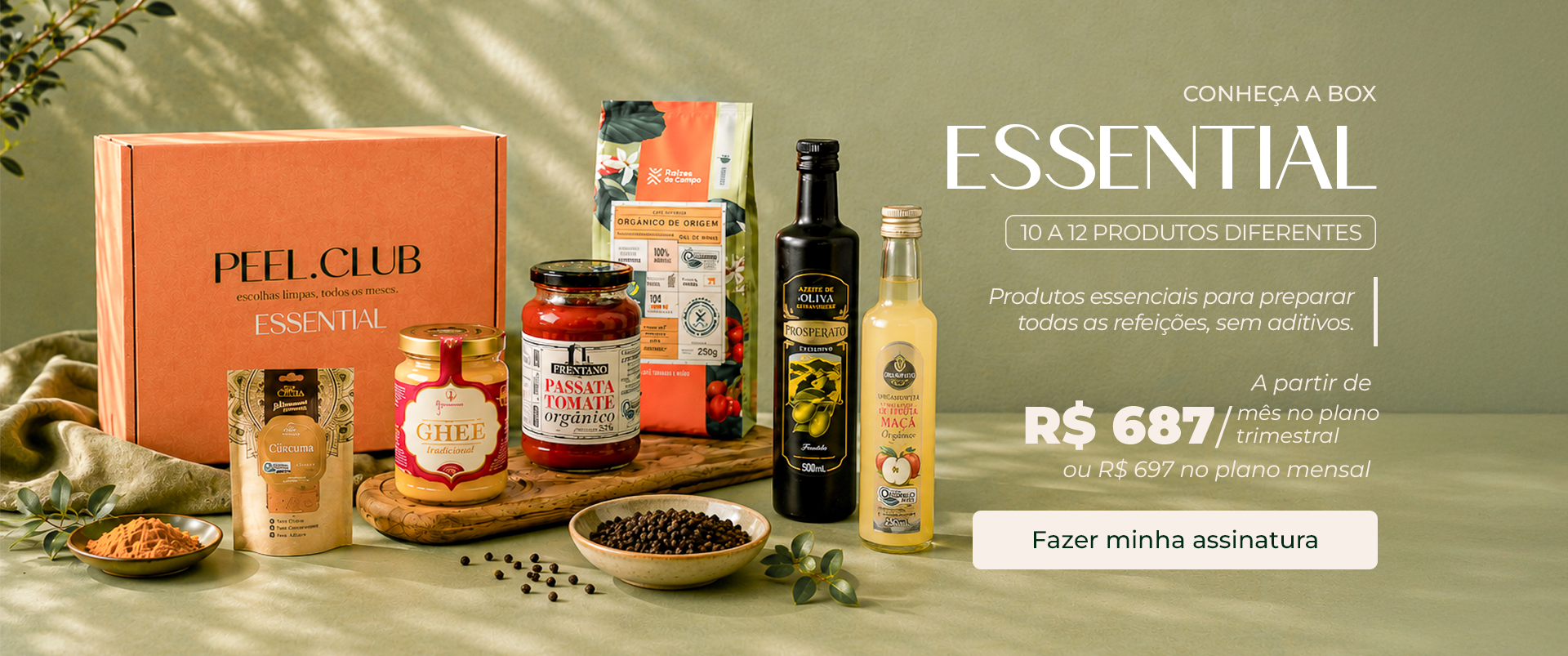 Box Essential PEEL Club com produtos selecionados e informações de assinatura