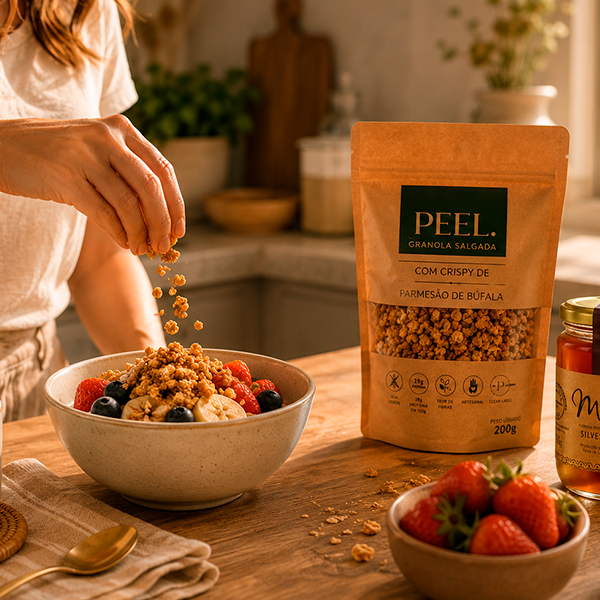 Mesa de café da manhã com produtos PEEL