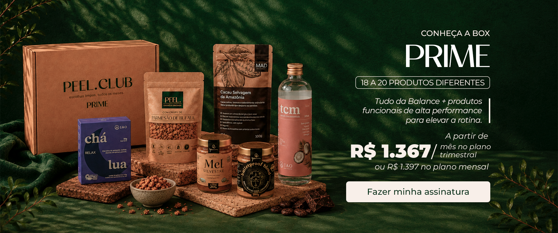 Box Prime PEEL Club com produtos selecionados e informações de assinatura