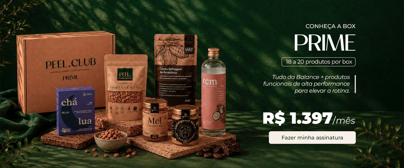 Box Prime PEEL Club com produtos selecionados e informações de assinatura