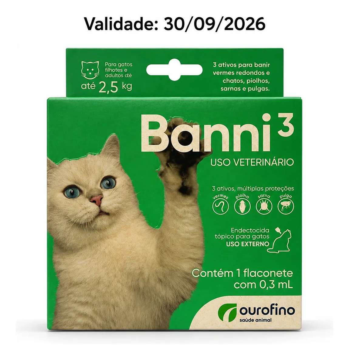 BANNI 3 GATOS ATE 2,5KG 0,30ML - 1 PIPETA DA CX ORIGINAL COM 3)