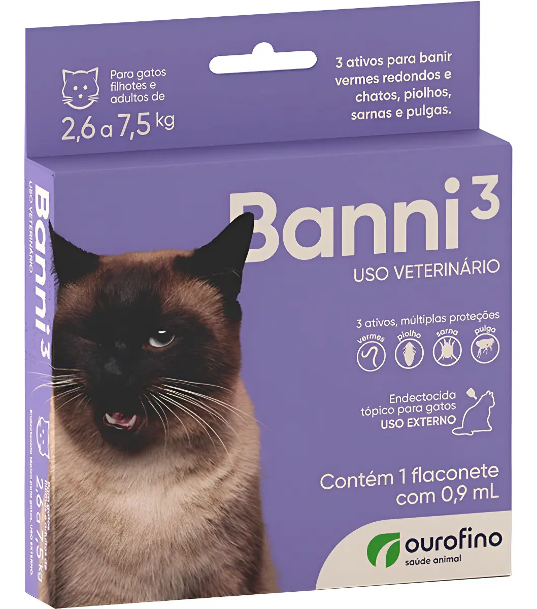 BANNI 3 GATOS 2,6KG A 7,5KG 0,90ML - 1 PIPETA DA CX ORIGINAL COM 3)
