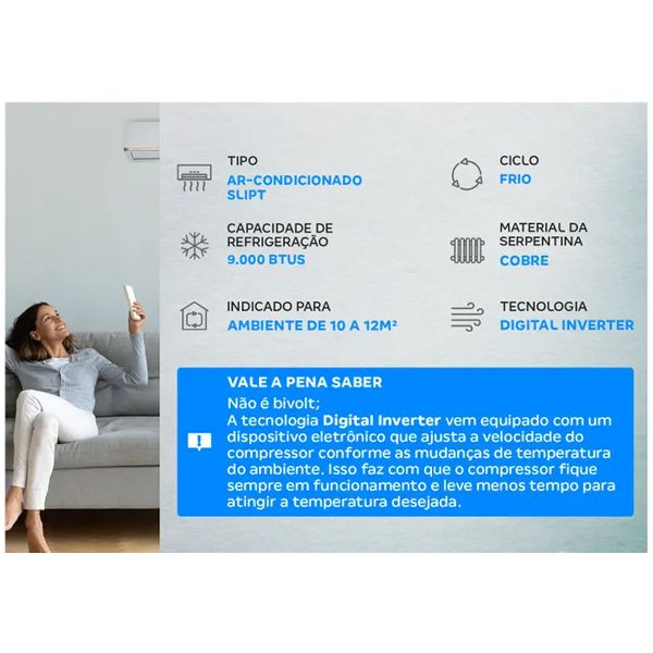 Ar-condicionado Split Agratto Digital, Inverter, 9.000 BTUs Frio Liv Top - LCST9F-02I