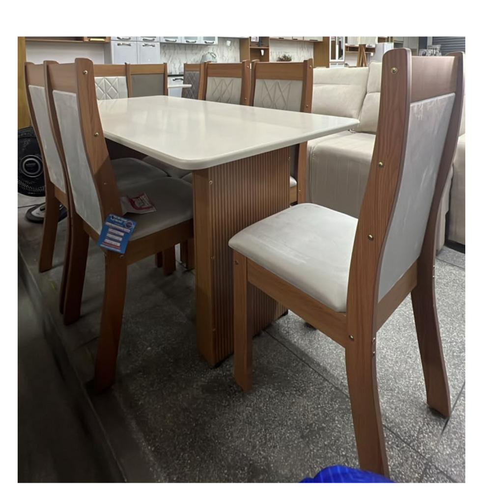 Conjunto Mesa Sala De Jantar Tuboarte Manoela 1,60 + 6 Cadeiras Bella - Canelado Freijo off-white Premier 