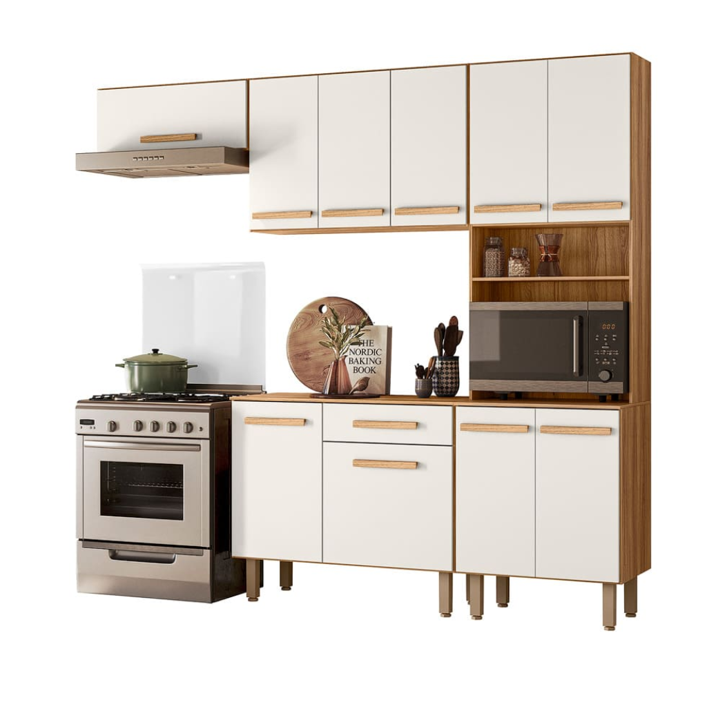 Cozinha Nicioli Lemon Freijo/Off White Cristal Pta Fechada + Balcao Niciolli Lemon Freijo/Off White Cristal C/ Tpo