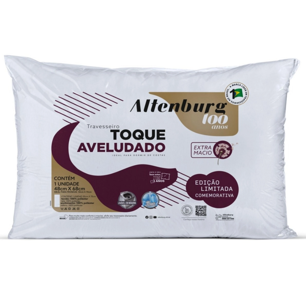Travesseiro Altenburg 100 Anos Toque Aveludado, Branco, 48Cmx68Cm