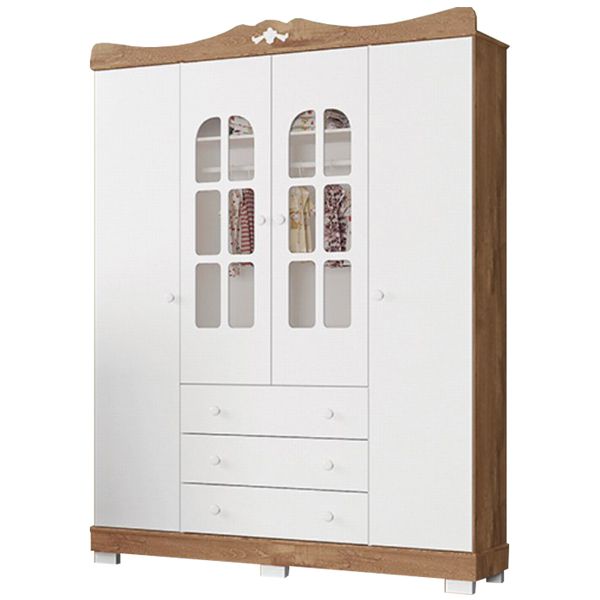 Roupeiro / Guarda Roupas Tuboarte Infantil Jade Com 4 Portas e 3 Gavetas - Amendoa/Branco