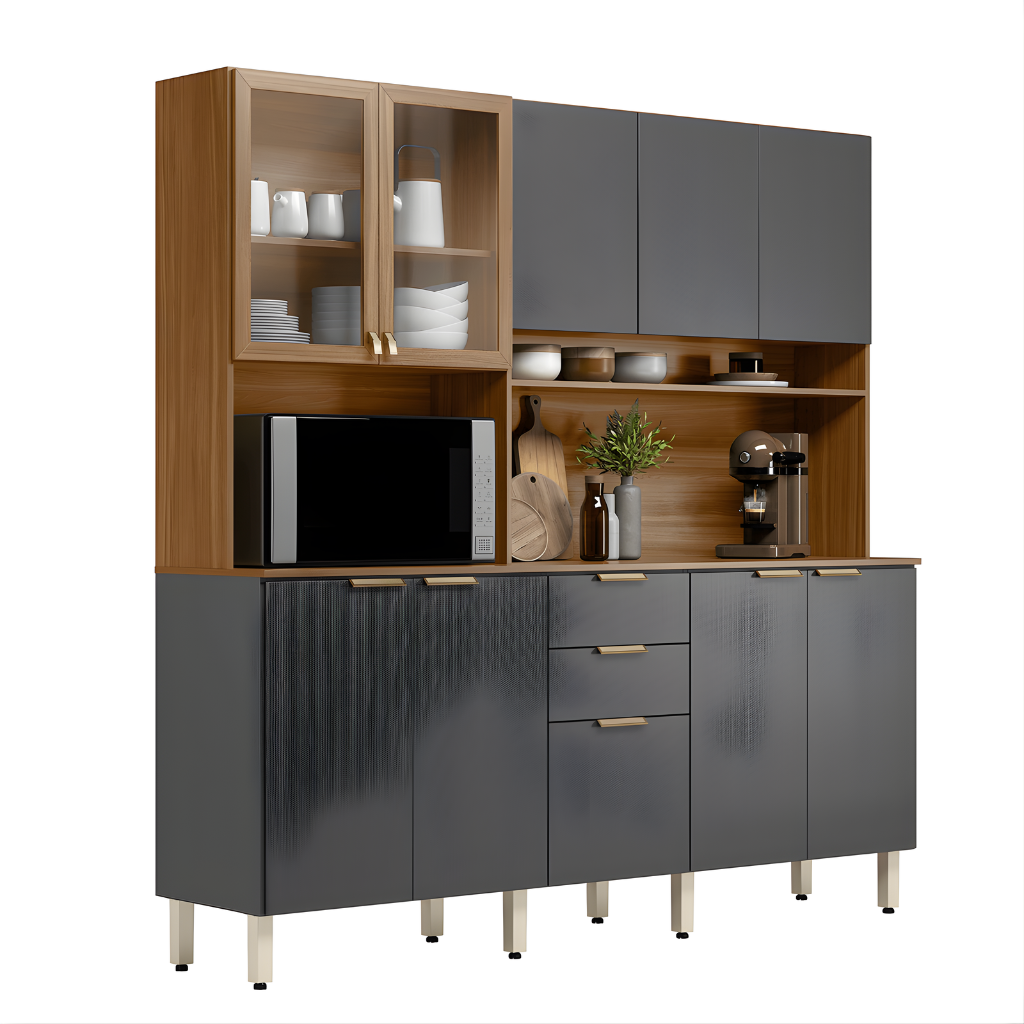Kit Cozinha Demobile, Compacta, Amora, 10 Portas, 2 Gavetas - Amendola/Grafito Prime Tx