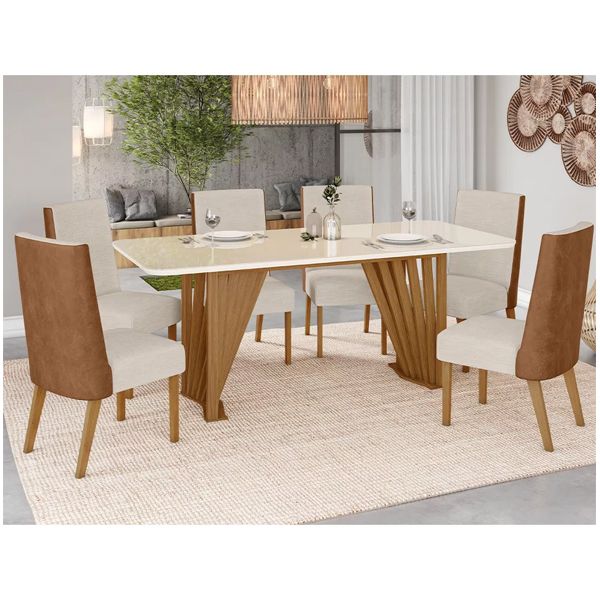 Mesa Henn Adriana 2000mm Canto Arredon c/ Vidro Nature/Off White + Cadeira Henn Anne 2 Unid Nature/Courano/Linho