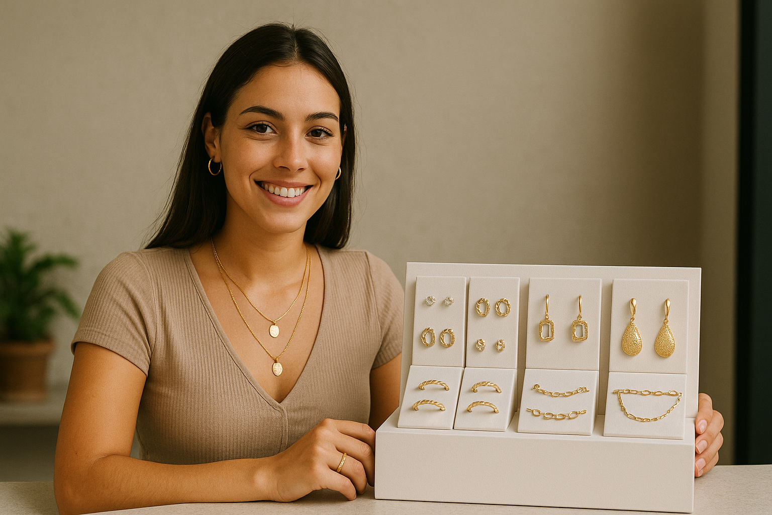 Ilustração de uma jovem vendendo semijoias