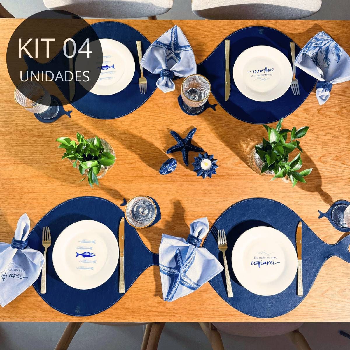 Kit 4 Americanos e Porta Copos Couro Ecológico - Coleção Peixes