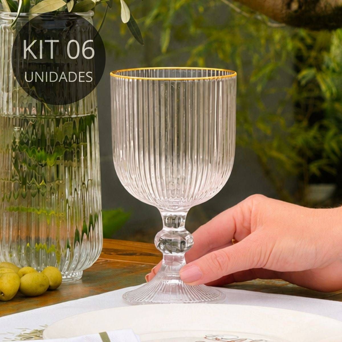 Jogo 6 Taças de Vidro Lines com Fio de Ouro - 380ml