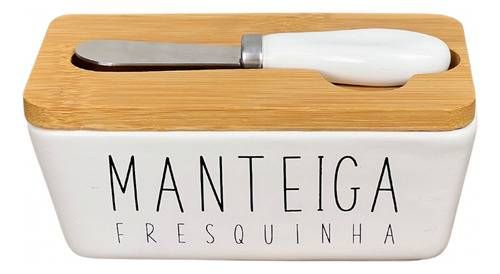 Manteigueira De Porcelana Tampa de Bambu e Espátula - Manteiga