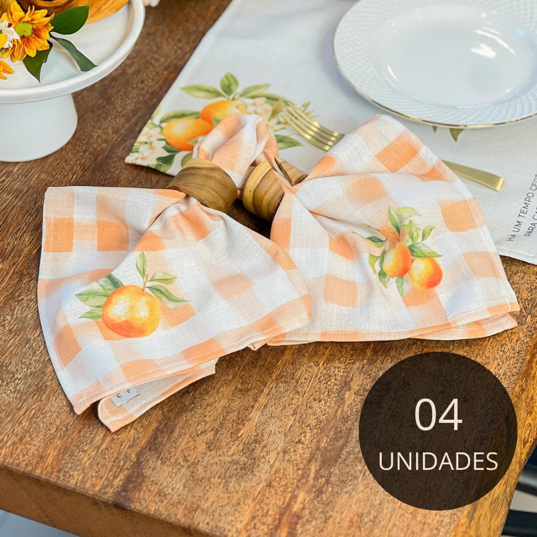 Kit 4 Guardanapos de Linho Xadrez Coleção Colheita - Laranjas