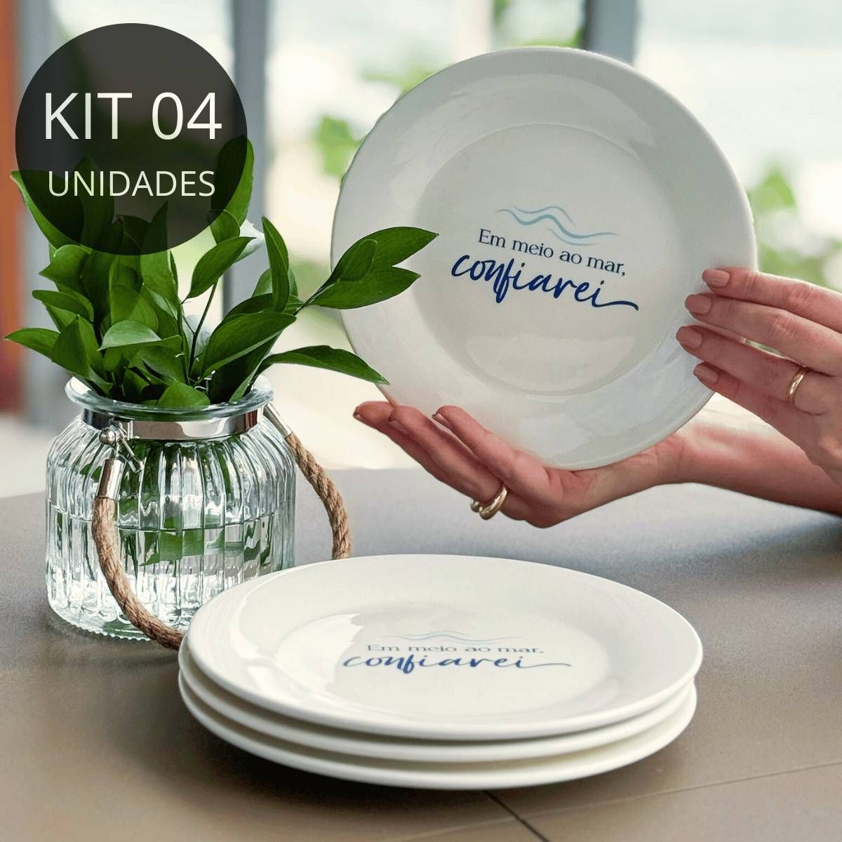 Kit 4 Pratos de Sobremesa de  Porcelana Mar - Coleção Peixes