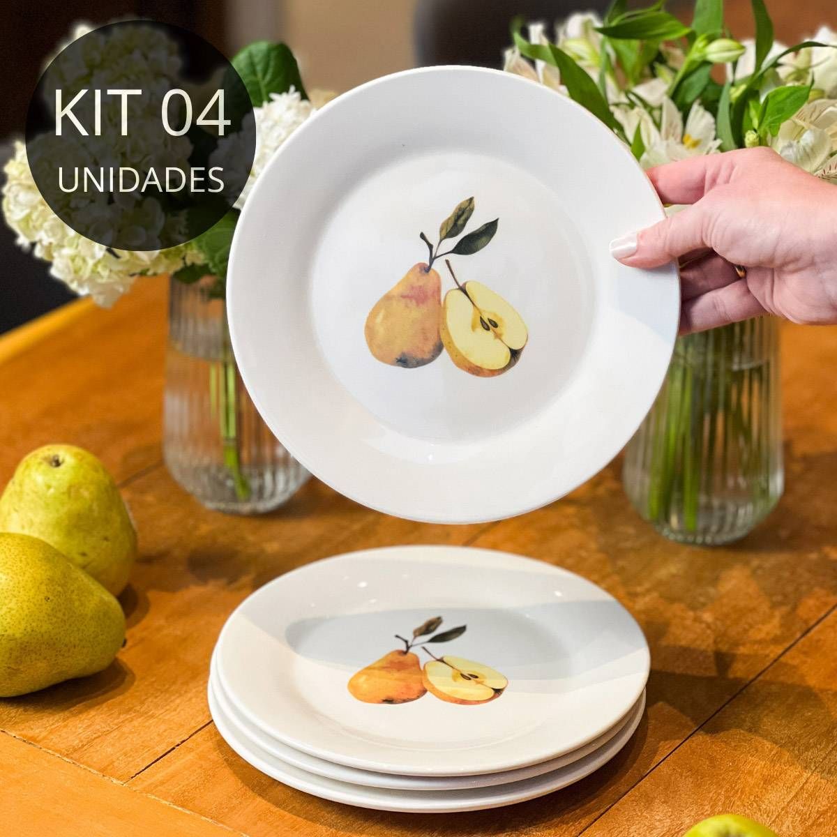 Kit 4 Pratos de Sobremesa de Porcelana - Coleção Peras