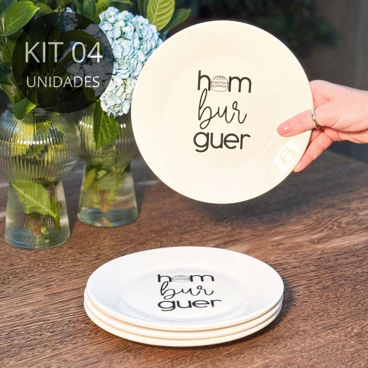 Kit 4 Pratos de Porcelana Hambúrguer - 20cm