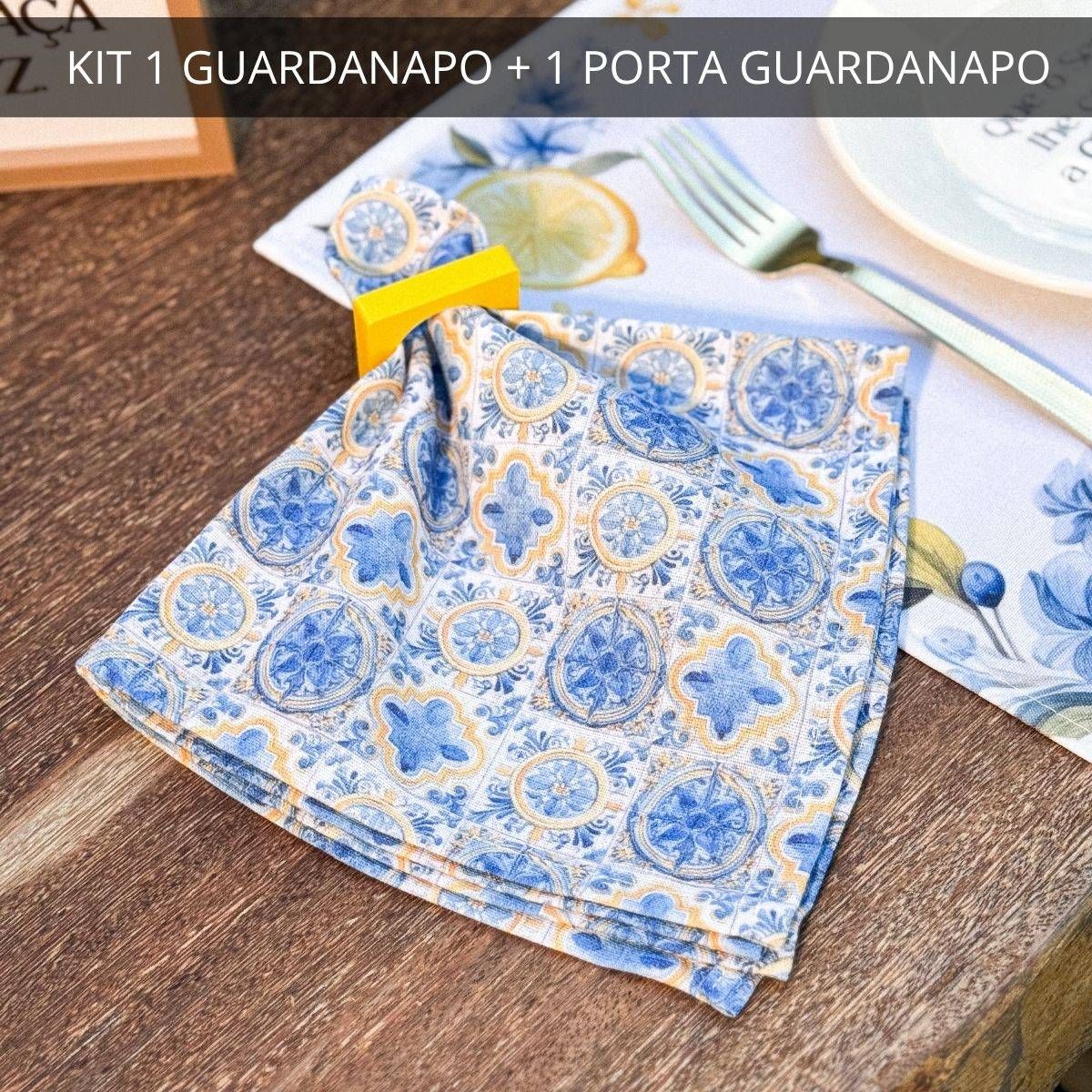 Kit 1 Guardanapo + 1 Porta Guardanapo Limão Mediterrâneo