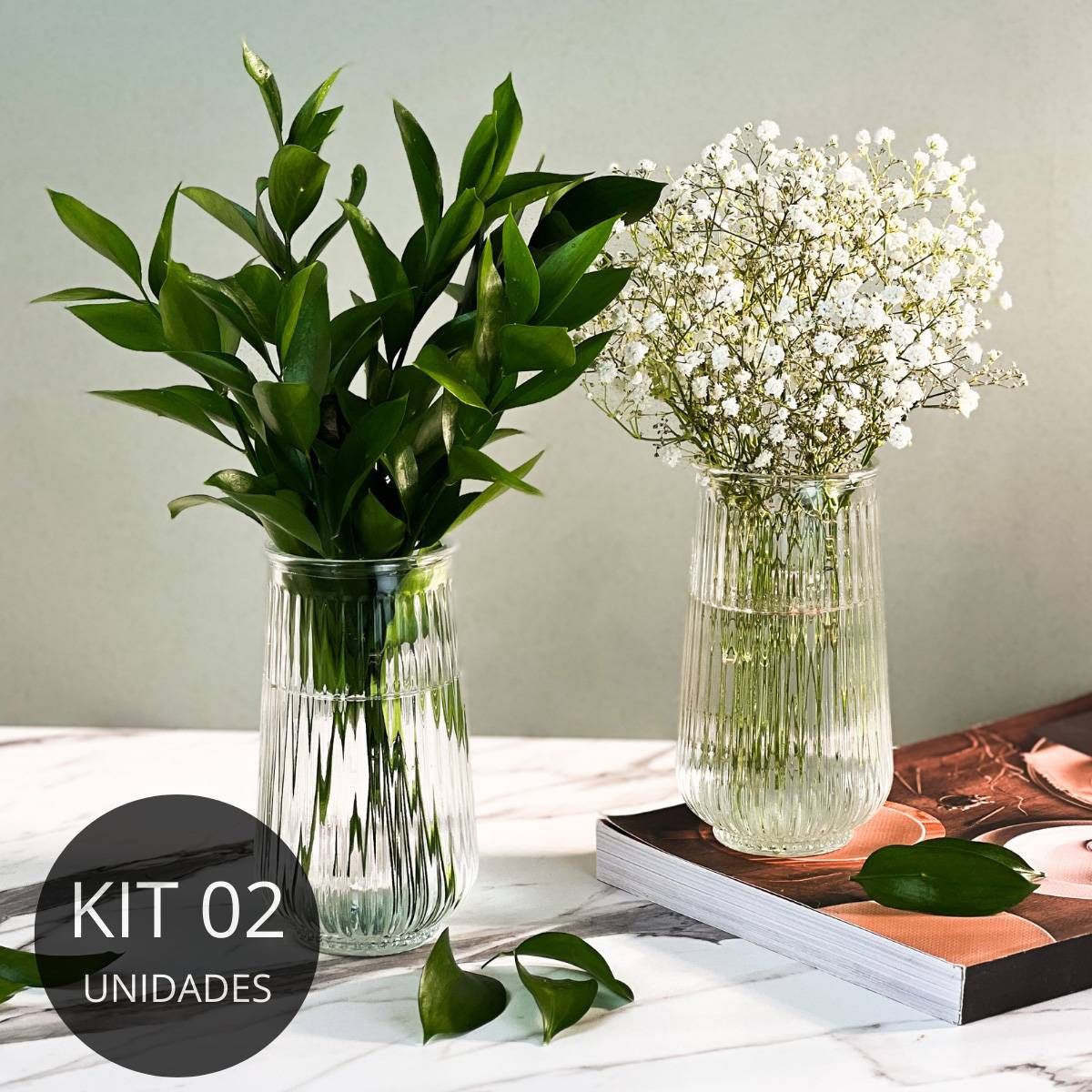 Kit 2 Vasos de Vidro Canelado Slim 15cm - 550ml