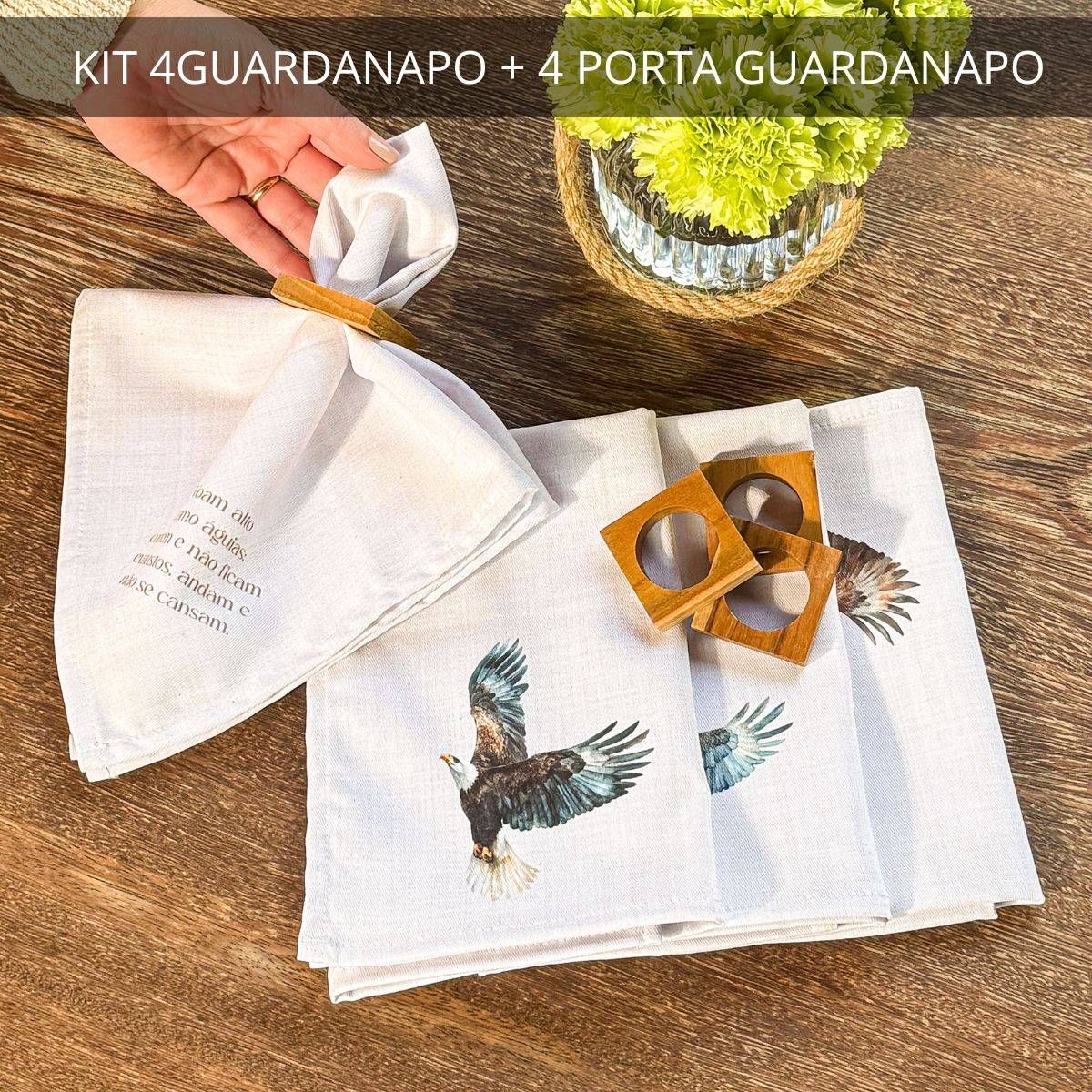 Kit 4 Guardanapos + 4 Porta Guardanapos Coleção Águia