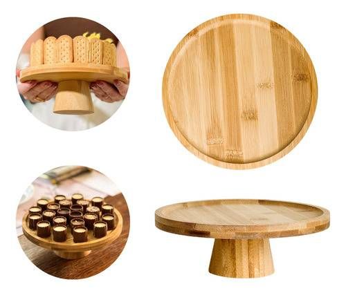 Prato Para Bolo Em Bambu Com Pé 20x7cm Lyor Redondo Boleira