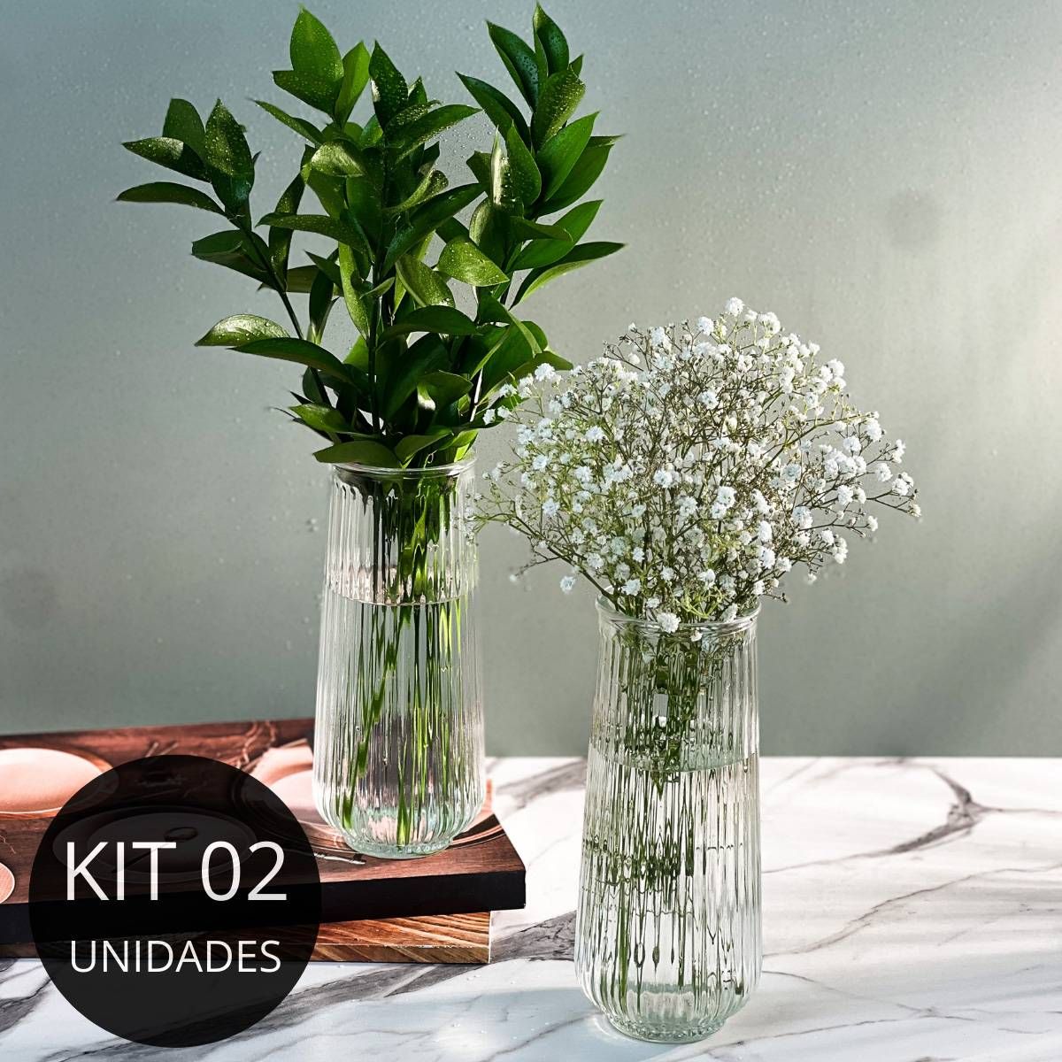 Kit 2 Vasos de Vidro Canelado Slim 20cm - 750ml