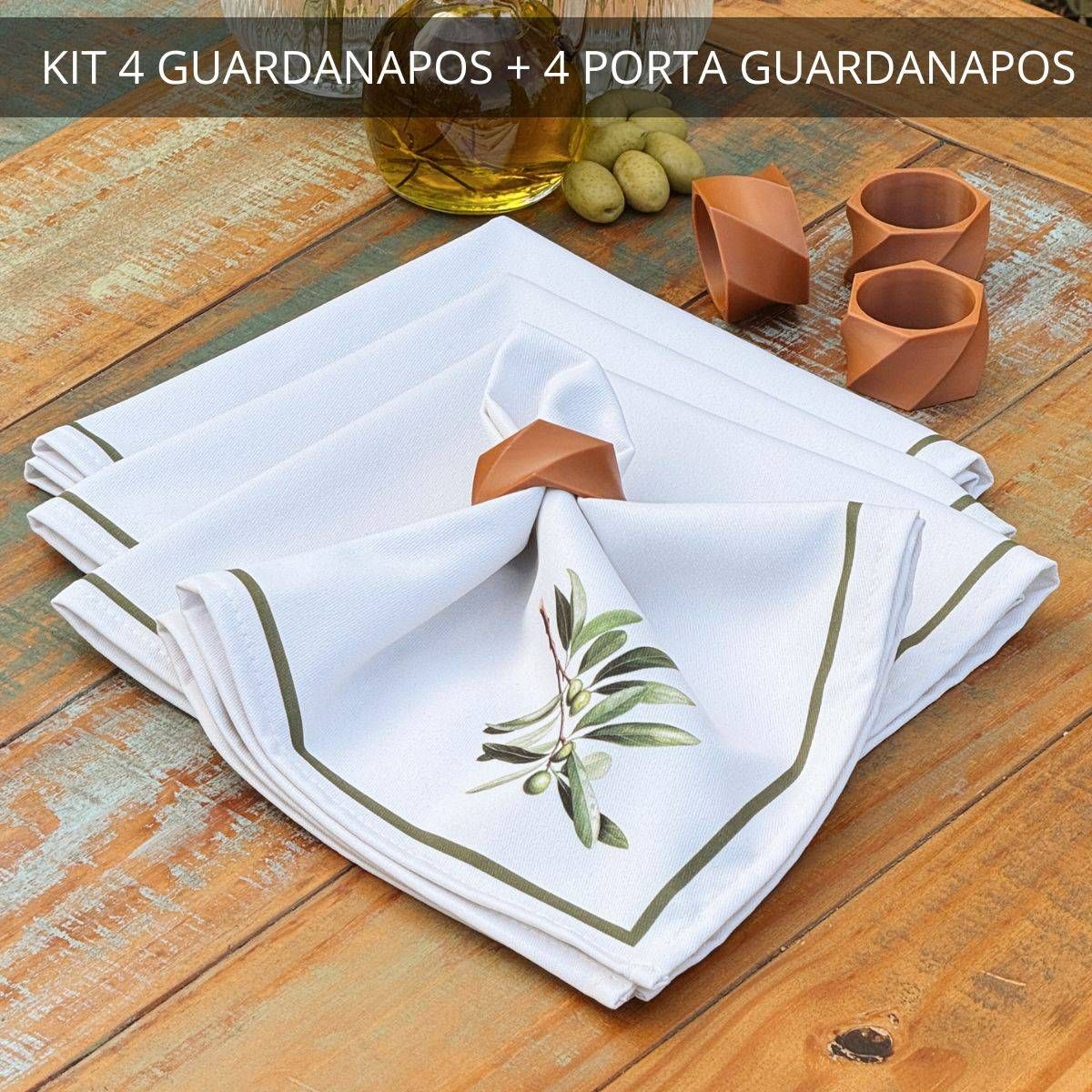 Kit 4 Guardanapos + 4 Porta Guardanapos Coleção Oliveira