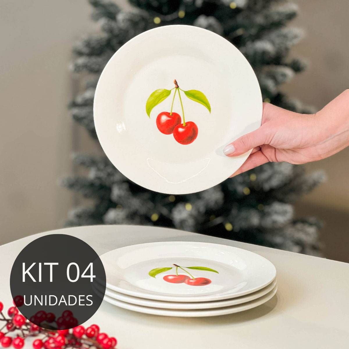 Kit 4 Pratos de Sobremesa de Porcelana - Coleção Cerejas