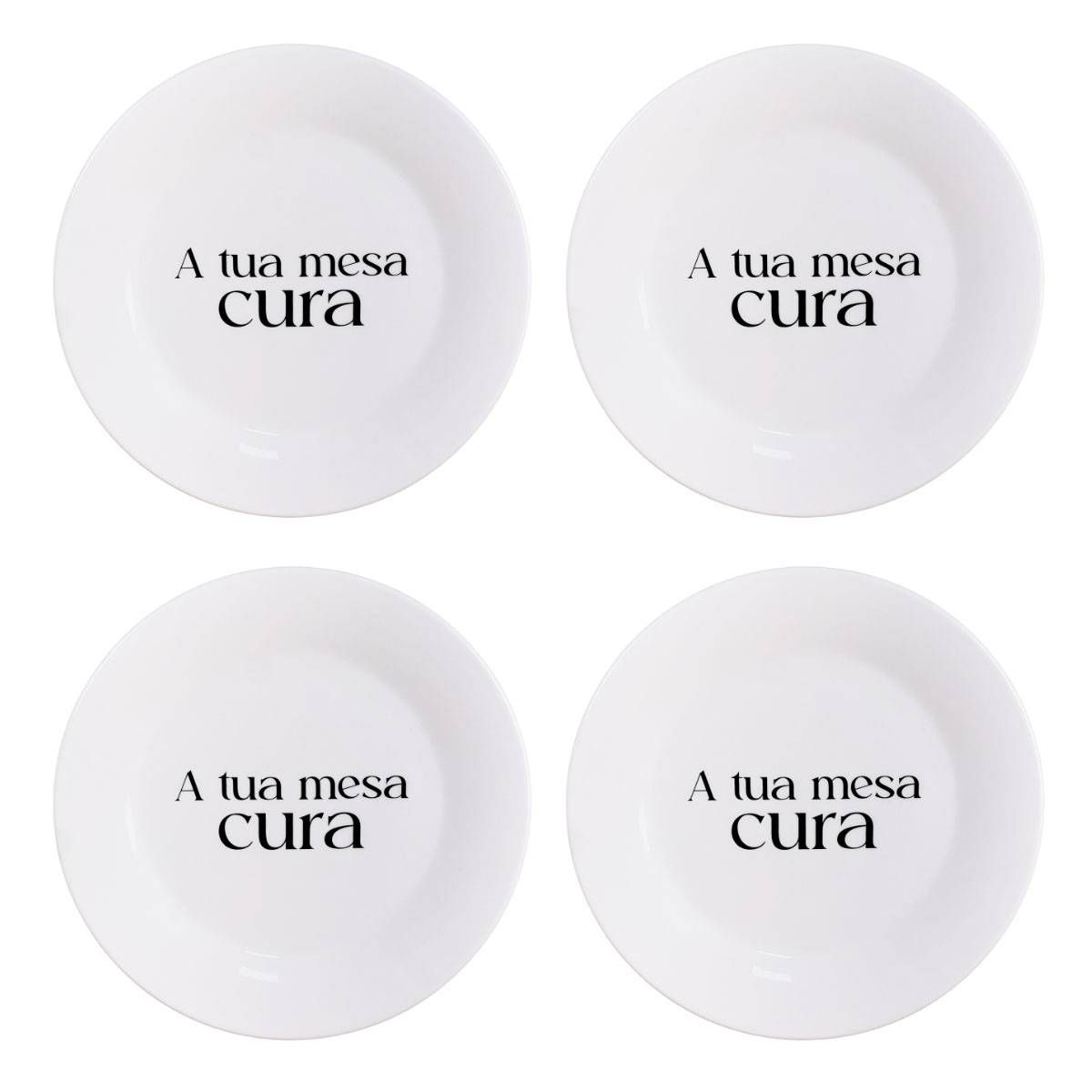 Kit 4 Pratos de Sobremesa  com Frase "A tua mesa cura"