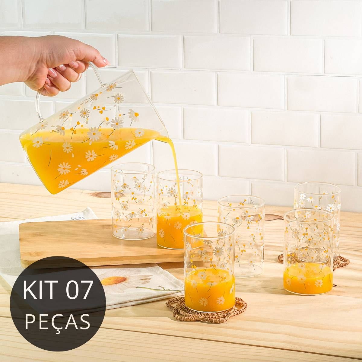 Kit 1 Jarra + 6 Copos de Vidro Wolff - Coleção Margaridas